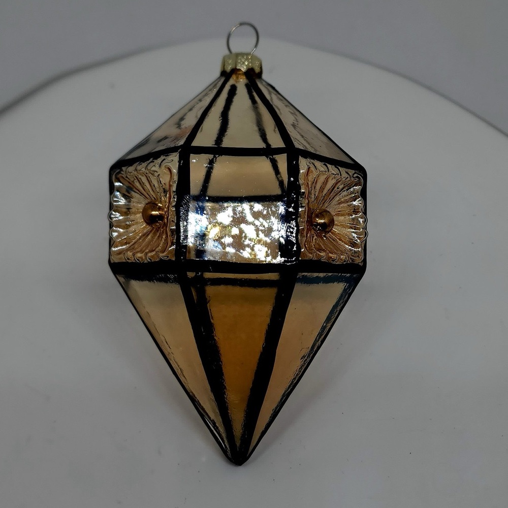 Geometric Champagne Beveled Drop Glass Christmas Ornament Floral Imprint 5.5"